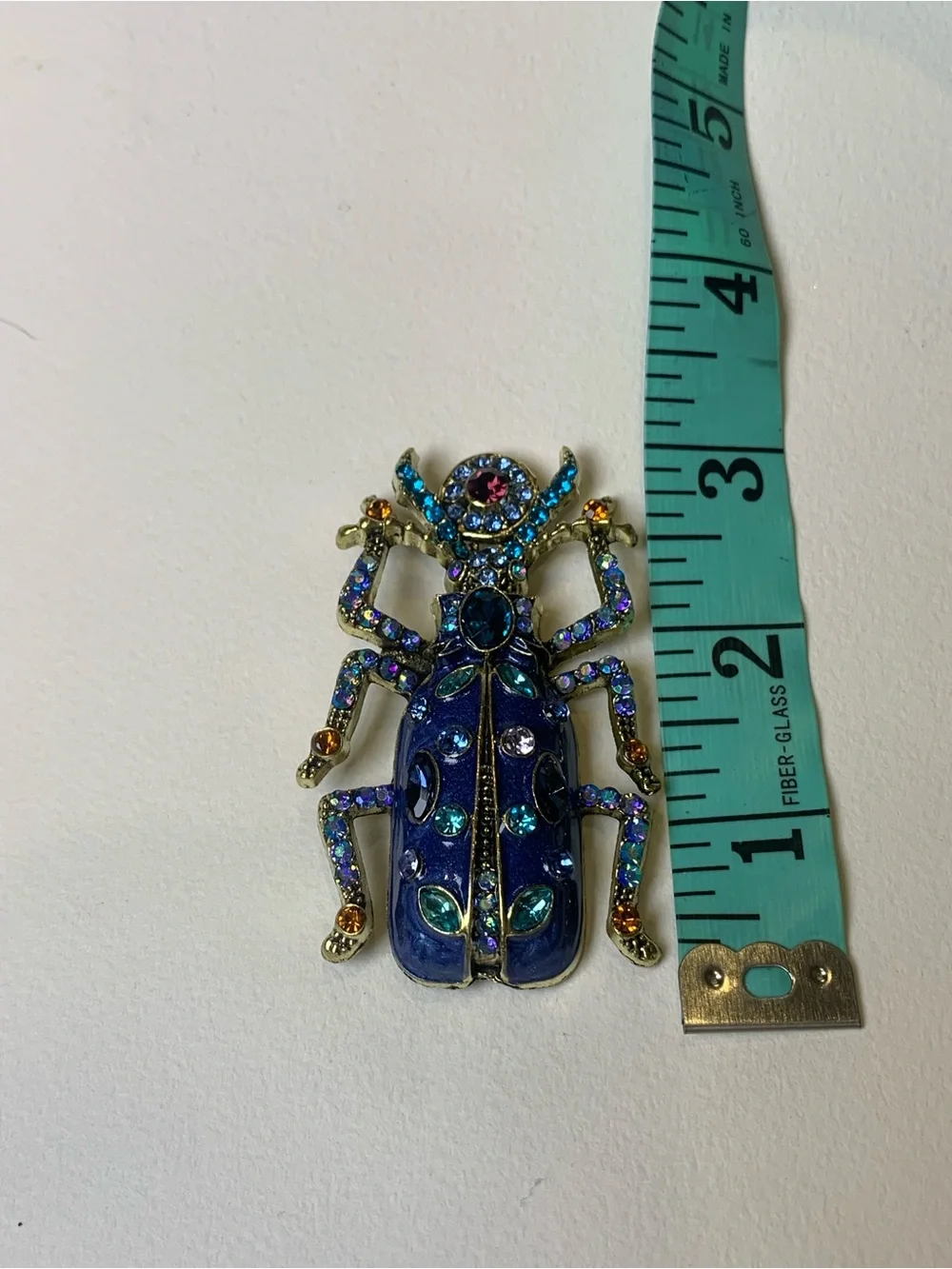 Rhinestone Beetle Brooch Blue Enamel Statement Pin